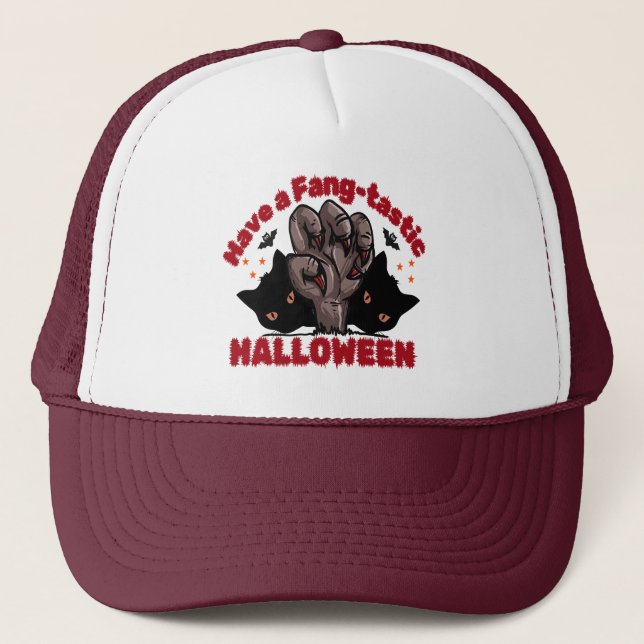 Have A Fang-Tastic Halloween Monster Hand Design Trucker Hat (Front)