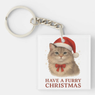 Have a Furry Christmas Cute Santa Siberian Kitten Keychain