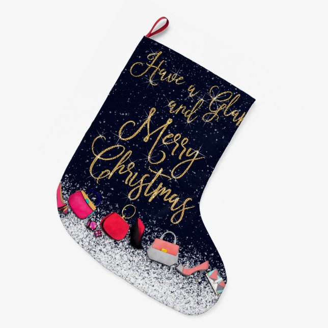 Have a Glam Merry Christmas Quote Purse Shoes Tree Large Christmas Stocking (Front (Hanging))