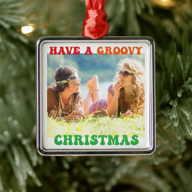 Have a Groovy Christmas Cute Custom Hippie Photo Metal Ornament (Tree)