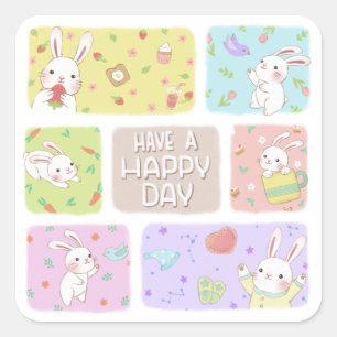Have A Happy Day: Cute Bunny Illustration Square Sticker