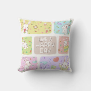 Have A Happy Day: Cute Bunny Illustration Throw Pillow