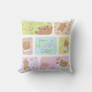 Have A Happy Day: Cute Teddy Bear Illustration Throw Pillow