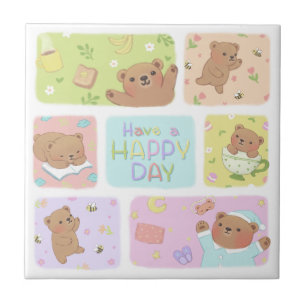 Have A Happy Day: Cute Teddy Bear Illustration Tile