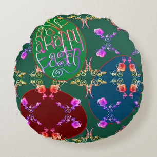 "Have a Happy Easter" Eggs in Green  Round Pillow