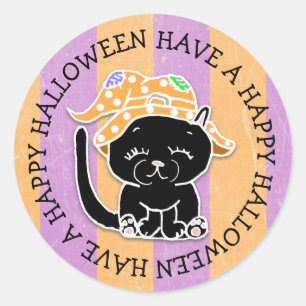 Have a Happy Halloween Cute Black Cat Classic Round Sticker