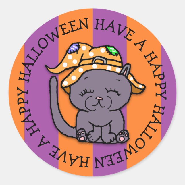 Have a Happy Halloween Cute Black Cat Classic Round Sticker (Front)