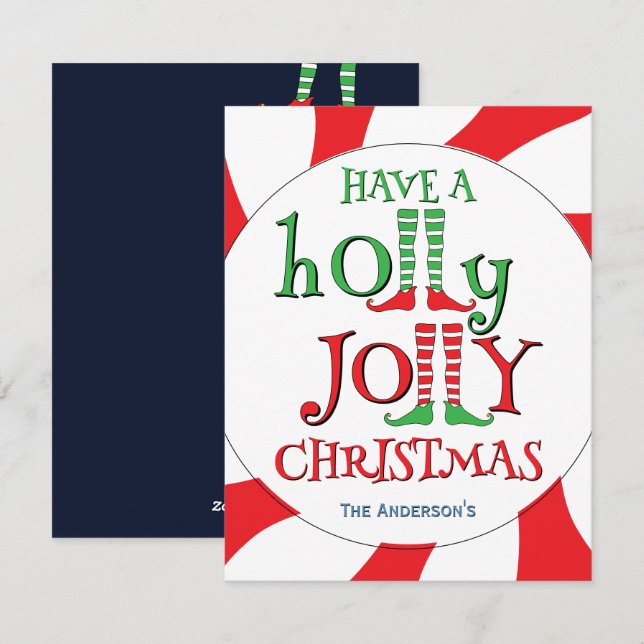 Have A Holly Jolly Christmas Peppermint Swirl Elf  Holiday Card (Front/Back)