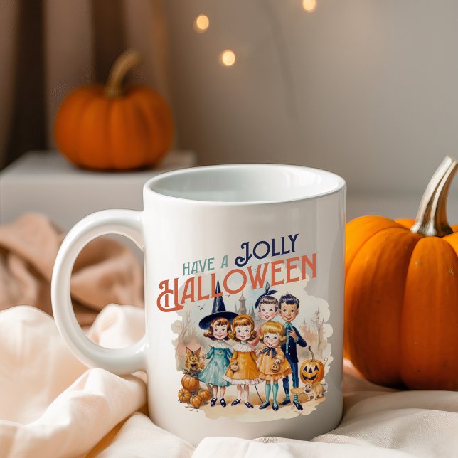 Have A Jolly Halloween Cute Vintage  Coffee Mug (Vintage 'Have A Jolly Halloween' Double Sided Coffee Mug With Retro Looking Trick-or-Treater Kids)