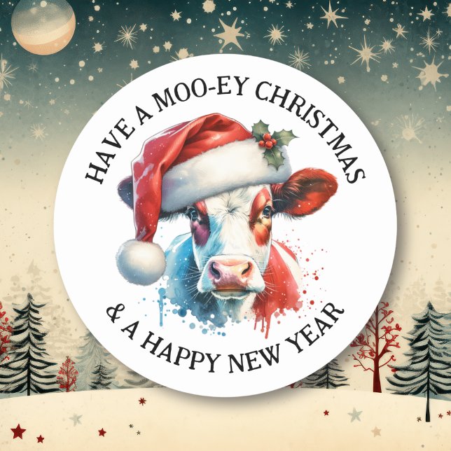 Have a Merry Christmas | Funny Cow in Santa Hat Classic Round Sticker (Creator Uploaded)