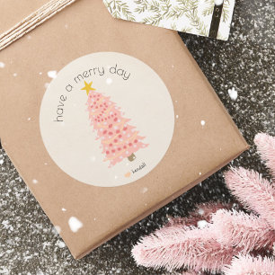 Have A Merry Day Custom Name Pink Christmas Tree Classic Round Sticker