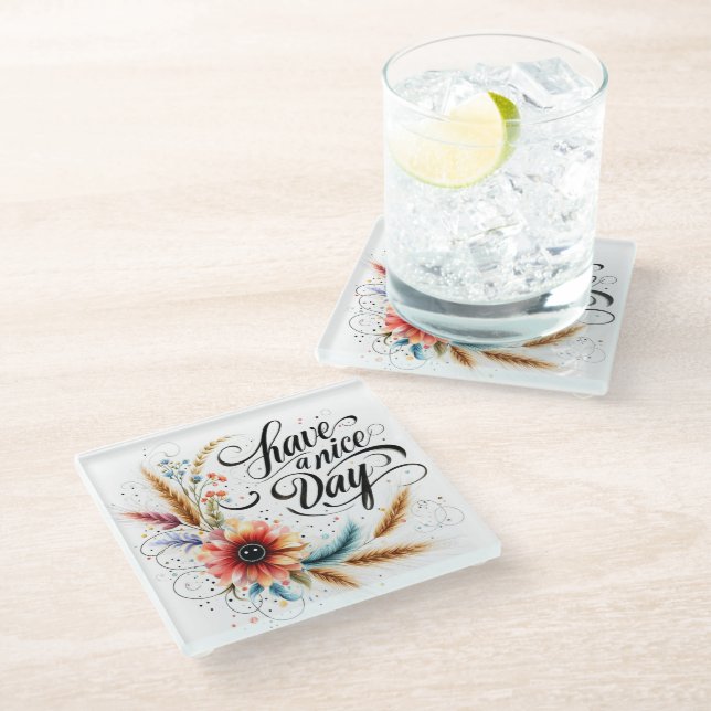 Have a Nice day floral Glass Coaster (Angled)