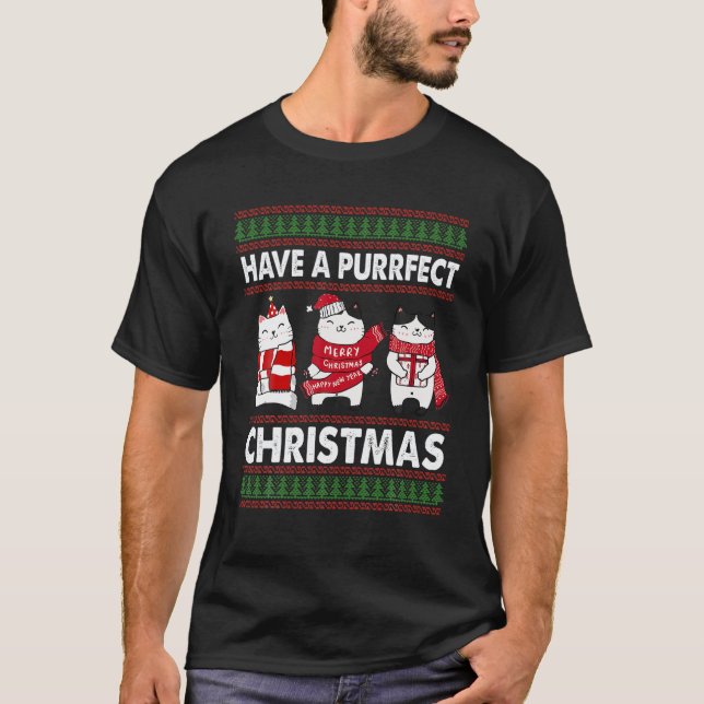 Have A Purrfect Christmas Ugly Christmas Cat T-Shirt (Front)