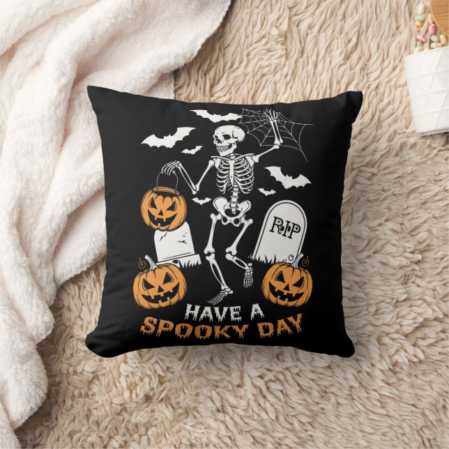 Have A Spooky Day Halloween Witch Gift Skeleton  Throw Pillow (Blanket)