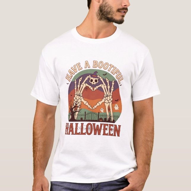 Have Bootiful Halloween Skeleton Hands Cat Skull W T-Shirt (Front)