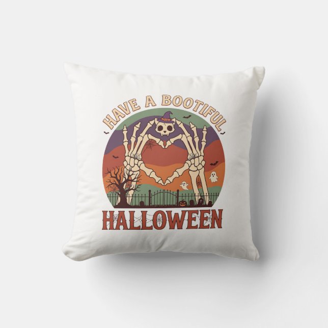 Have Bootiful Halloween Skeleton Hands Cat Skull W Throw Pillow (Front)