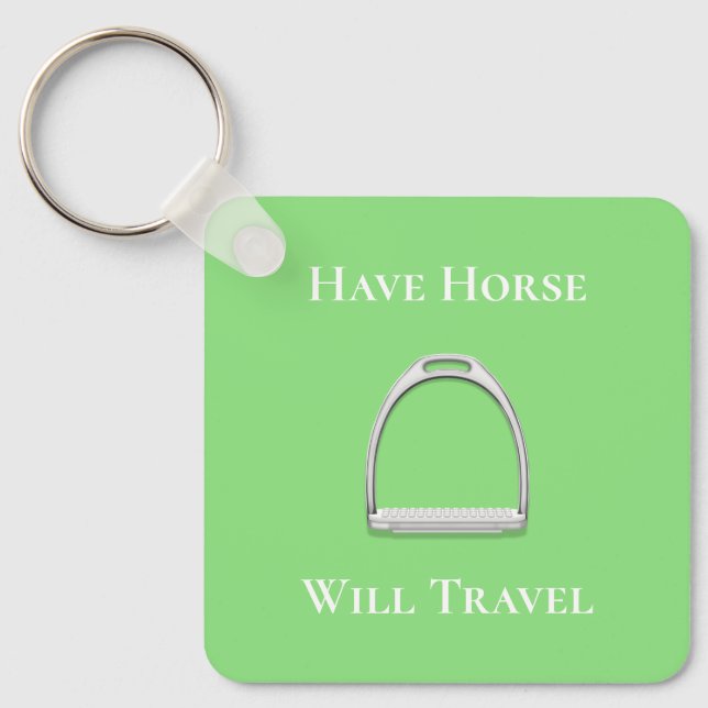 "Have Horse Will Travel" Stirrup Iron Lime Green Keychain (Front)