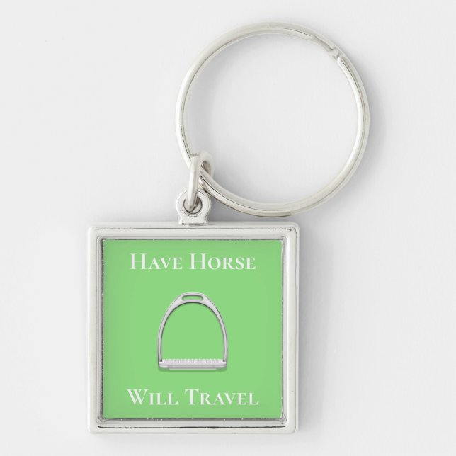 "Have Horse Will Travel" Stirrup Iron Lime Green Keychain (Front)
