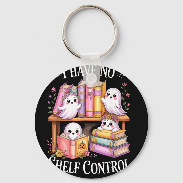 Have shelf control funny ghost reading books pun keychain (Front)