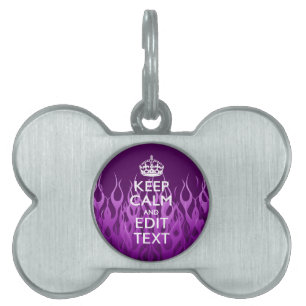 Have Your Text Keep Calm on Purple Racing Flames Pet Name Tag