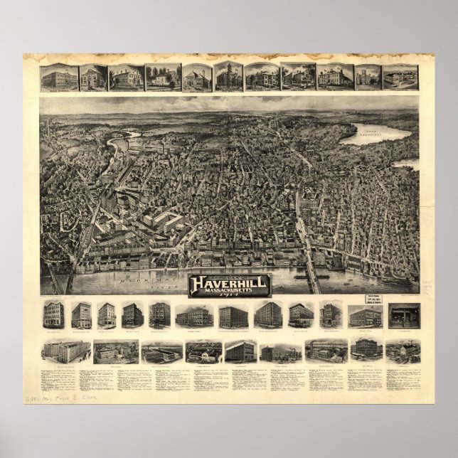 Haverhill Mass. 1914 Antique Panoramic Map Poster (Front)