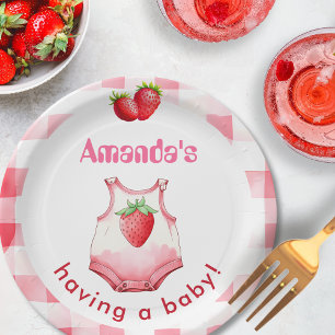 Having a Baby Shower Gingham Strawberry Cute Party Paper Plate
