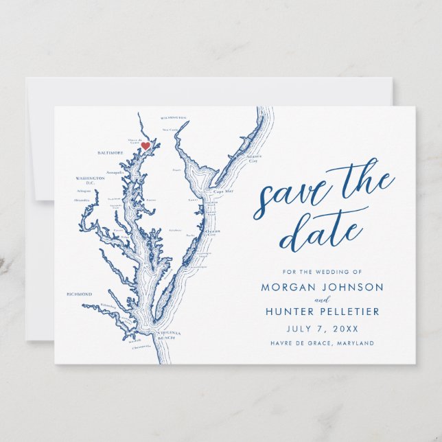Havre de Grace Maryland Map Modern Wedding Save The Date (Front)