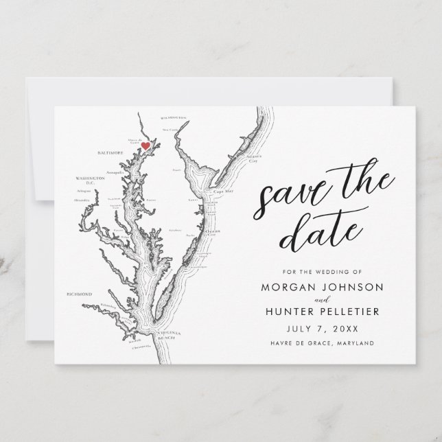 Havre de Grace Maryland Map Modern Wedding Save The Date (Front)