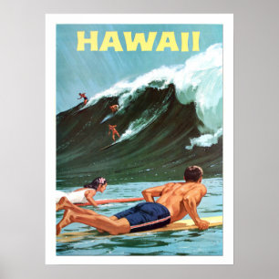 Hawaï, surfant, grande vague, affiche vintage de