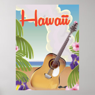 Hawaii acoustic guitar vintage travel poster. poster