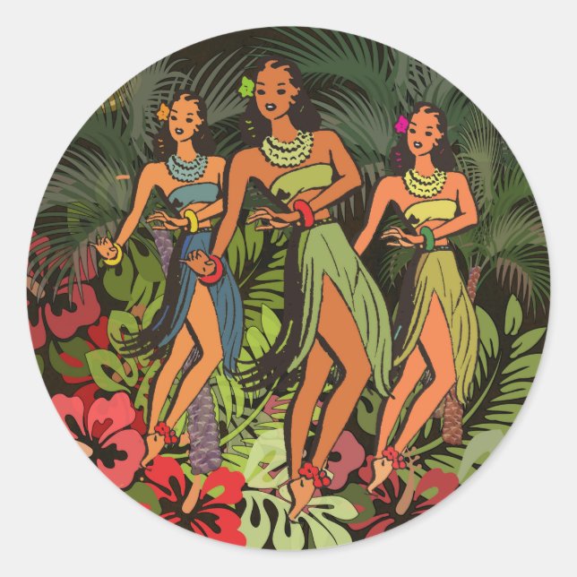 Hawaii Aloha Palm Hula Art Design Classic Round Sticker (Front)