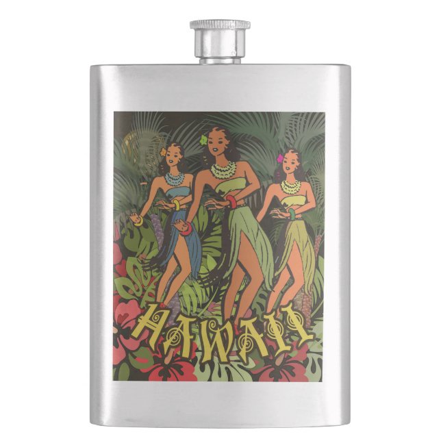 Hawaii Aloha Palm Hula Art Design Hip Flask (Front)