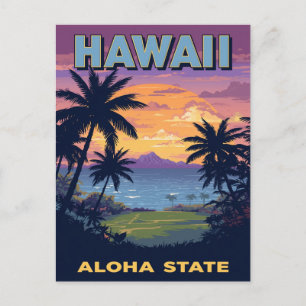 Hawaii Aloha State Vintage Sunset Palm Trees Postcard