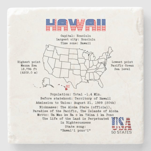 Hawaii American state on a map and useful info Stone Coaster (Front)