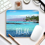 Hawaii Beach Blue Ocean Green Palm Trees Relax Mouse Pad<br><div class="desc">“Relax.” Return back to tropical vacation breezes, clear turquoise blue water and swaying palm trees while you work on your computer with this stunning, vibrantly-coloured photo mousepad. Exhale and explore the peace of this sunny Big Island Hawaiian beach. Makes a great gift for someone special! You can easily personalize this...</div>