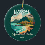 Hawaii Beach Family Vacation Vintage Retro Ornamen Ceramic Ornament<br><div class="desc">Display the beach,  palm trees,  and green,  mountainous coastline of the coast of Hawaii,  USA to remember your family trip by! Text is customizable.</div>