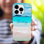 Hawaii Beach Tropical Girly Blue Confetti Custom iPhone 16 Pro Case<br><div class="desc">Think of summer each time you use this personalized name cell phone case. Enjoy the solitude of an empty Hawaii beach with this stunning, vibrantly-coloured coastal photo, tipped with tiny, sparkly turquoise blue and gold, glam confetti dots. Makes a great gift for someone special! Just type in the name of...</div>