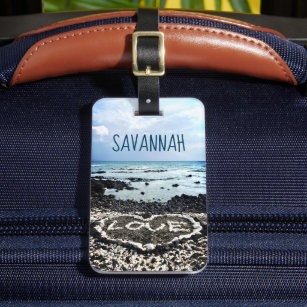 Hawaii Black Beach & Coral Heart Photo Custom Name Luggage Tag