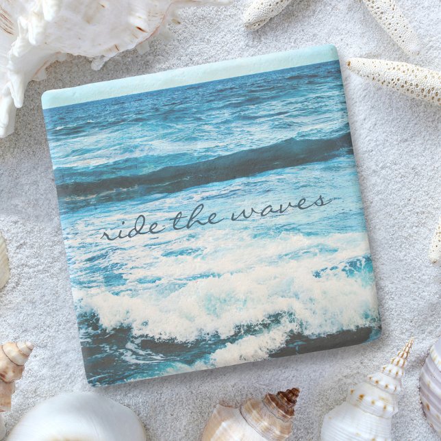 Hawaii Blue Ocean Photo Ride the Waves Quote Bold Stone Coaster (Creator Uploaded)