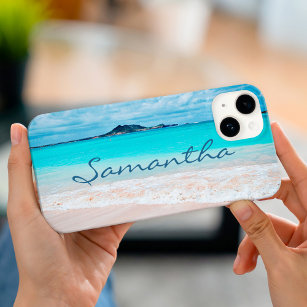 Hawaii blue ocean sandy beach photo add your name iPhone 15 case