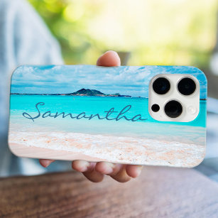 Hawaii blue ocean sandy beach photo custom name iPhone 15 pro max case