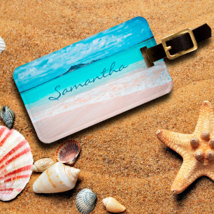 Hawaii blue ocean sandy beach photo custom name luggage tag