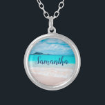 Hawaii blue ocean sandy beach photo custom name silver plated necklace<br><div class="desc">Remind yourself of the fresh salt smell of the ocean air whenever you wear this stunning, vibrantly-coloured photo, personalized name charm necklace. This necklace comes in small, medium and large sizes, as well as both square and circle shapes. You can order this necklace in your choice of sterling silver, silver...</div>