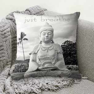 Hawaii Buddha Black White Photo Just Breathe Quote Throw Pillow