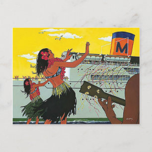 Hawaii, dancing hula girls welcome tourist ship postcard