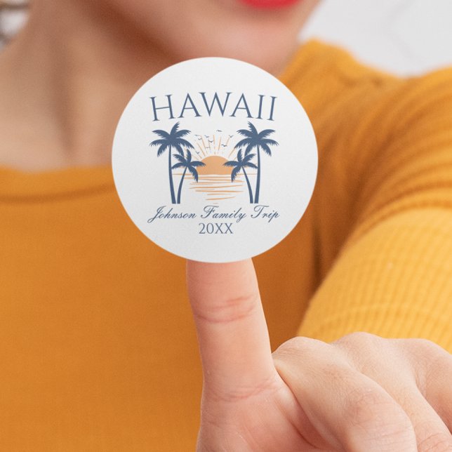 Hawaii Family Vacation Trip Classic Round Sticker (Woman holding a Hawaii family trip sticker with a sunset and palm tree design.)