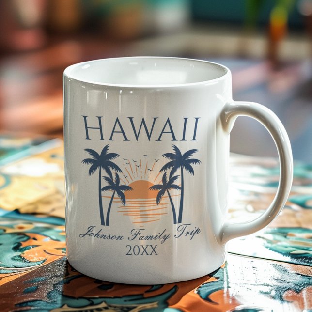 Hawaii Family Vacation Trip Coffee Mug (A white ceramic coffee mug with a custom "Hawaii Family Trip" design featuring palm trees and a sun.)