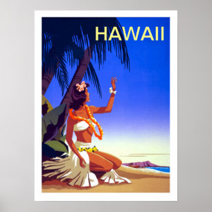 Hawaii, fille sur l'île tropicale, affiche de voya