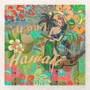 Hawaii Flower Hula Vintage Floral Graphic Glass Coaster