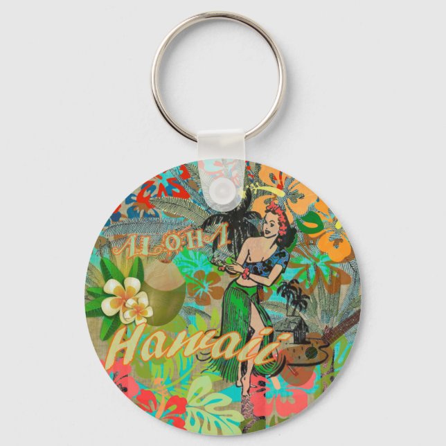 Hawaii Flower Hula Vintage Floral Graphic Keychain (Front)